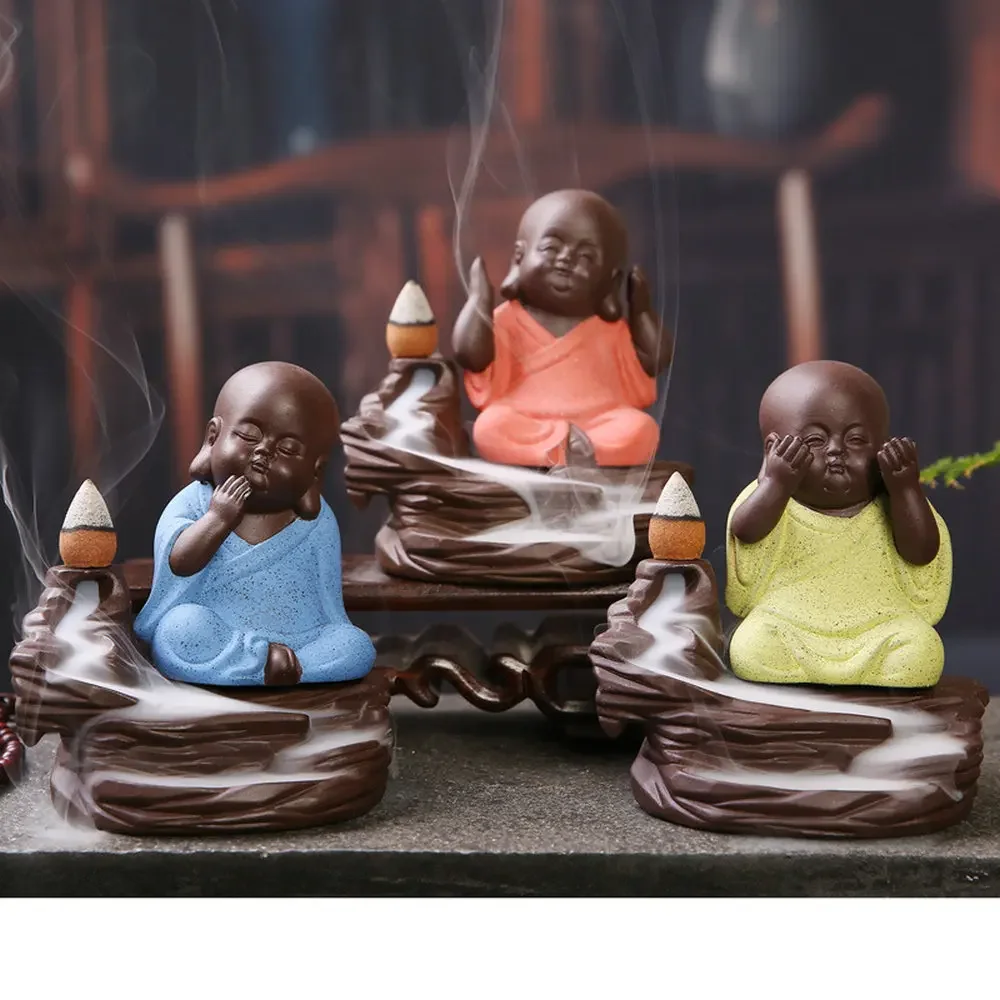 Home Decor Creative Little Monk Smoke Backflow Incense Burner Holder + 10 Cones