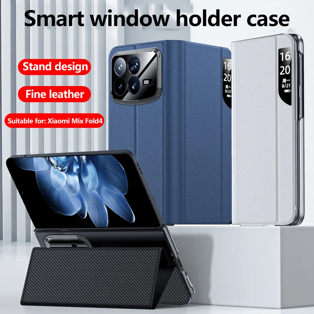 Phone Case For Xiaomi Mix Fold 4 Fold4 Window View Free-flip Stand Sleep Awake Smart Leather Cover