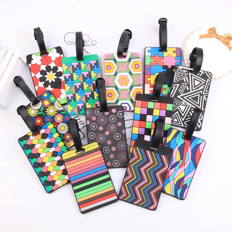 Puzzle Striped Printed Luggage Tag PVC Soft Silicone Card Holder Cartoon Boarding Pass Aircraft Luggage Tags Suitcase Label