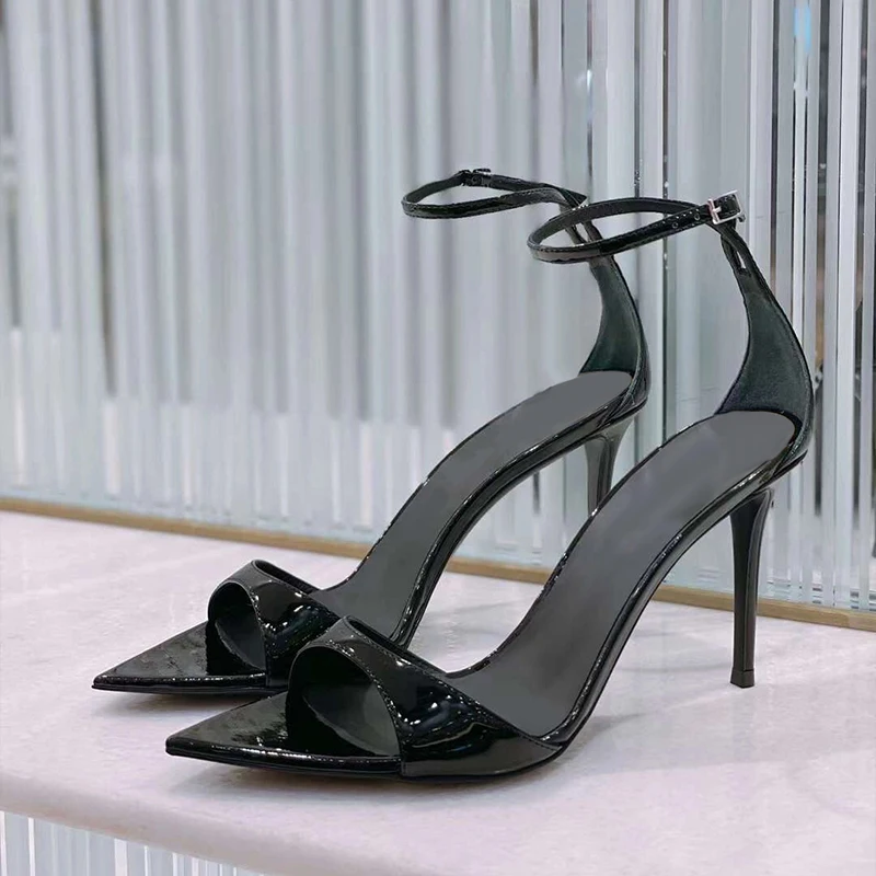 

Black Patent Leather High Heels Pointed Toe Open Toe Thin Heel Summer 2025 Sexy Versatile Sandals Women's Footwear