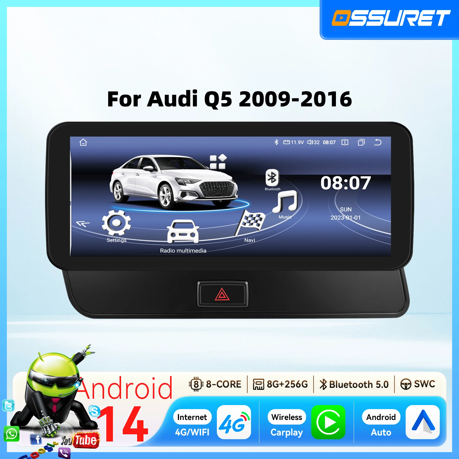 Autoradio Android 14 1920*720 pour Audi Q5 2009 - 2016, Carplay sans fil, 2DIN, 8 cœurs, 10.25 pouces, systèmes intelligents pour voiture, GPS, SWC, RDS, DSP, Bluetooth