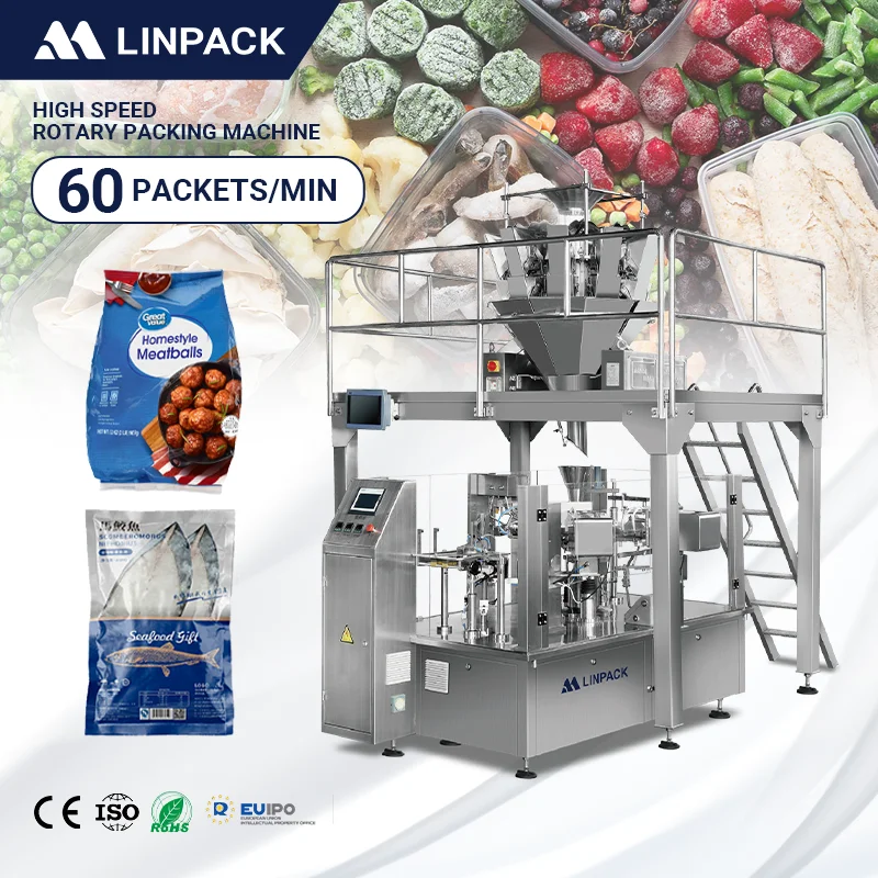 Maquinaria de Empaquetado de Alta Calidad LINPACK, Máquina de Empaquetado Rotativa para Camarones, Langostinos y Pescado Congelados en Bolsas Preformadas Doypack