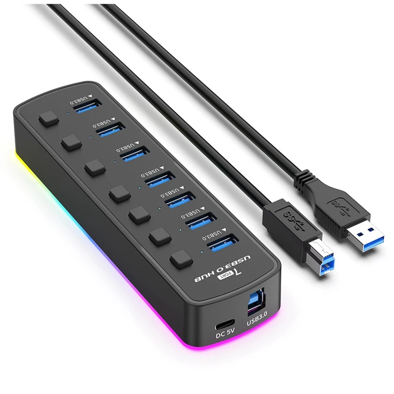 

Новый! !RGB USB 3.0-концентратор, 7 портов, адаптер USB-порта, 5 Гбит/с, индивидуальный переключатель включения/выключения, разветвитель, игровой USB-концентратор для портативного ПК, компьютера