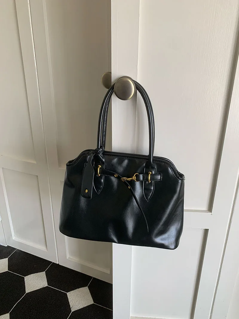 حقيبة يد فاخرة بتصميم عتيق، حقيبة كتف نسائية كاجوال ذات سعة كبيرة، حقائب يد بسيطة للتنقل من جلد البولي يوريثان #6