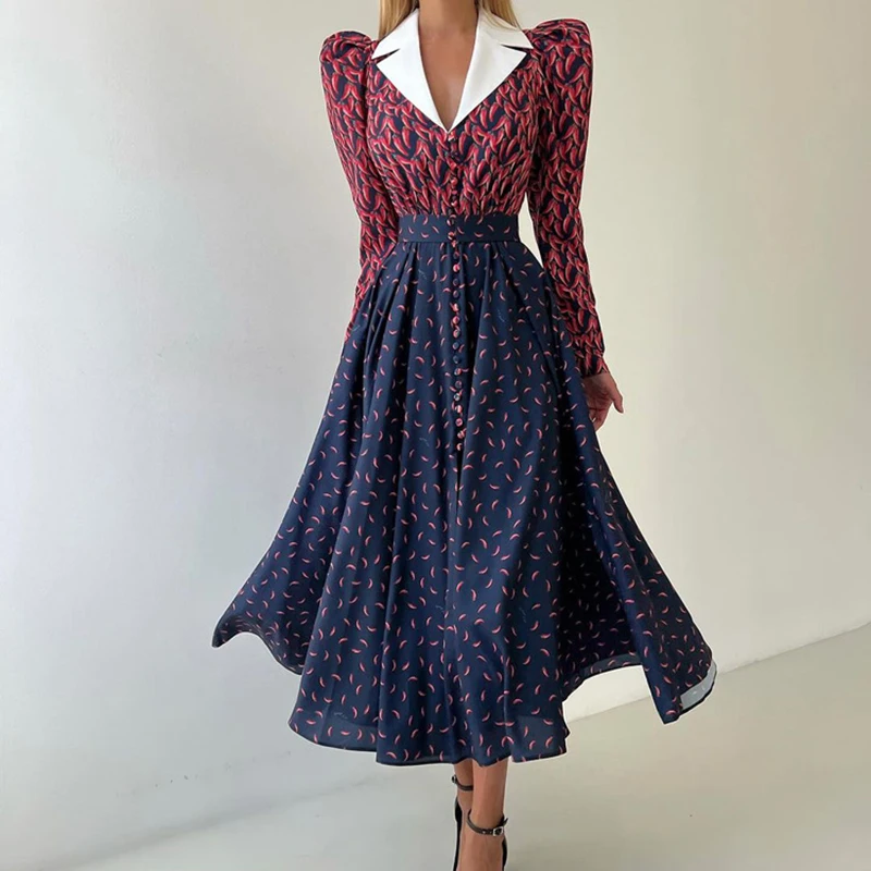 Trendy Sexy High Waist Pleat Swing Dress Retro Pattern Print Lapel Long Dress Women's French Style Long Sleeve A-line Boho Dress