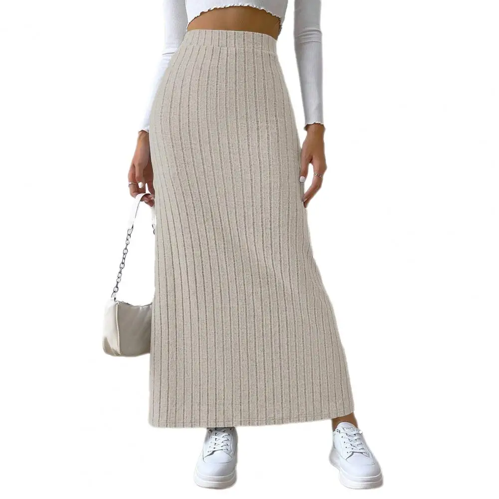 

Solid Color Long Skirt Striped High Waist Knitted Maxi Skirt for Women Warm Winter Ankle Length Sheath Skirt with Split Hem Slim