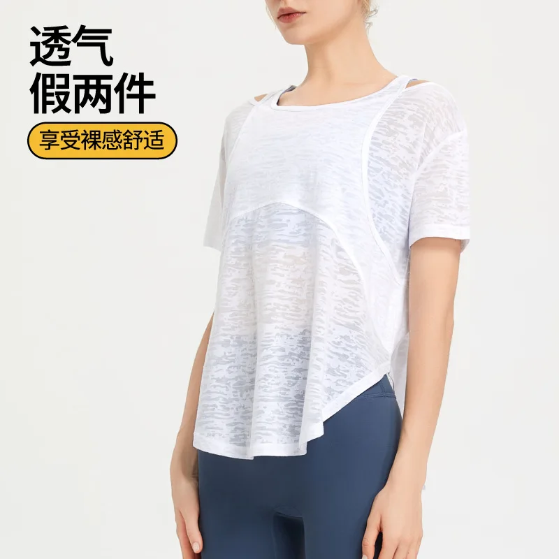 

Loose sports short-sleeved fake two-piece running T-shirt breathable women's casual fitness quick-drying sweat-absorbing blouse