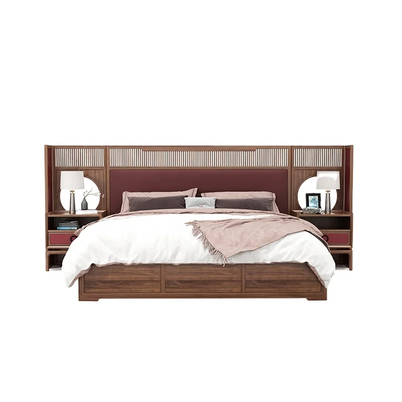 New Chinese Style Solid Wood Bedroom Bed Set with Storage Bookcase Headboard Queen/King Size Luxury Double Bed for Hotel Use