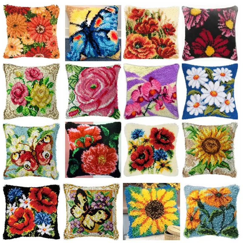 

Plant Butterfly Series Segment Embroidery Pillow Flowers Grass Coarse Wool Cross Stitch 3D Latch Hook Pillow Embroidery Kit DIY