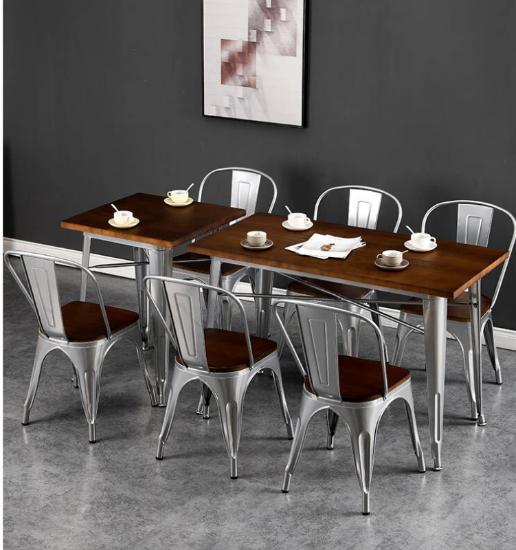 

Industrial Wooden Dining Table, Silver Grey Chair Set, Powder-Coated Iron Seating, Durable Chairs for Eating Areas