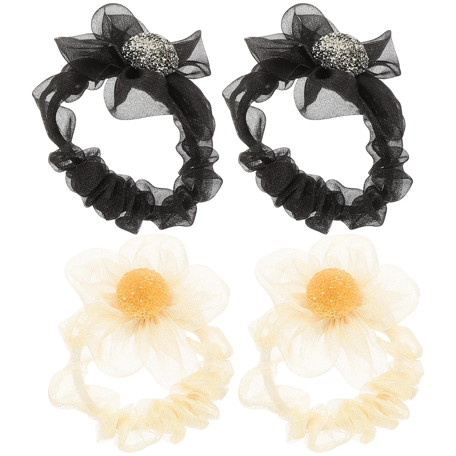 

3pcs Rhinestone Sun Flower Hair Ring Silk Lady Tie Mesh Band Gauze Girls Accessories Headdress Thick Fine Hair Fashionable