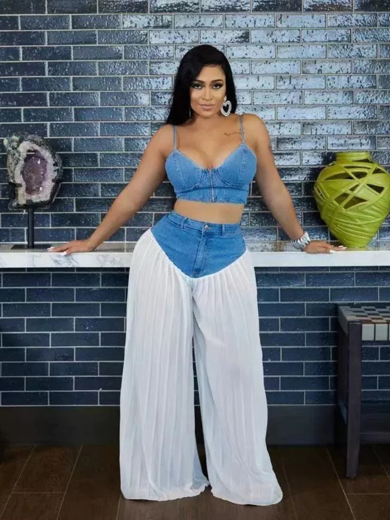 

Fashion 2 Piece Sets Women Outfit Summer Clothes Women Jean Vest Top and Denim Patchwork Chiffon Long Pants Sets Sexy Woman Sets