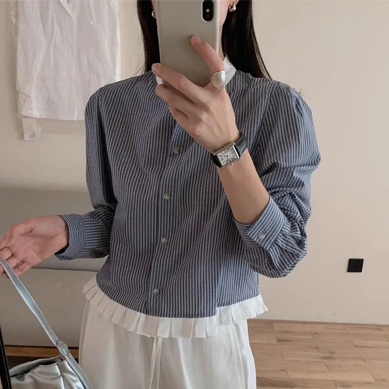 Stand Contrast Color Loose Patchwork Pleated Design Long Sleeved Striped Shirts Camisa Feminina Vintage Tops Blusas Blouse