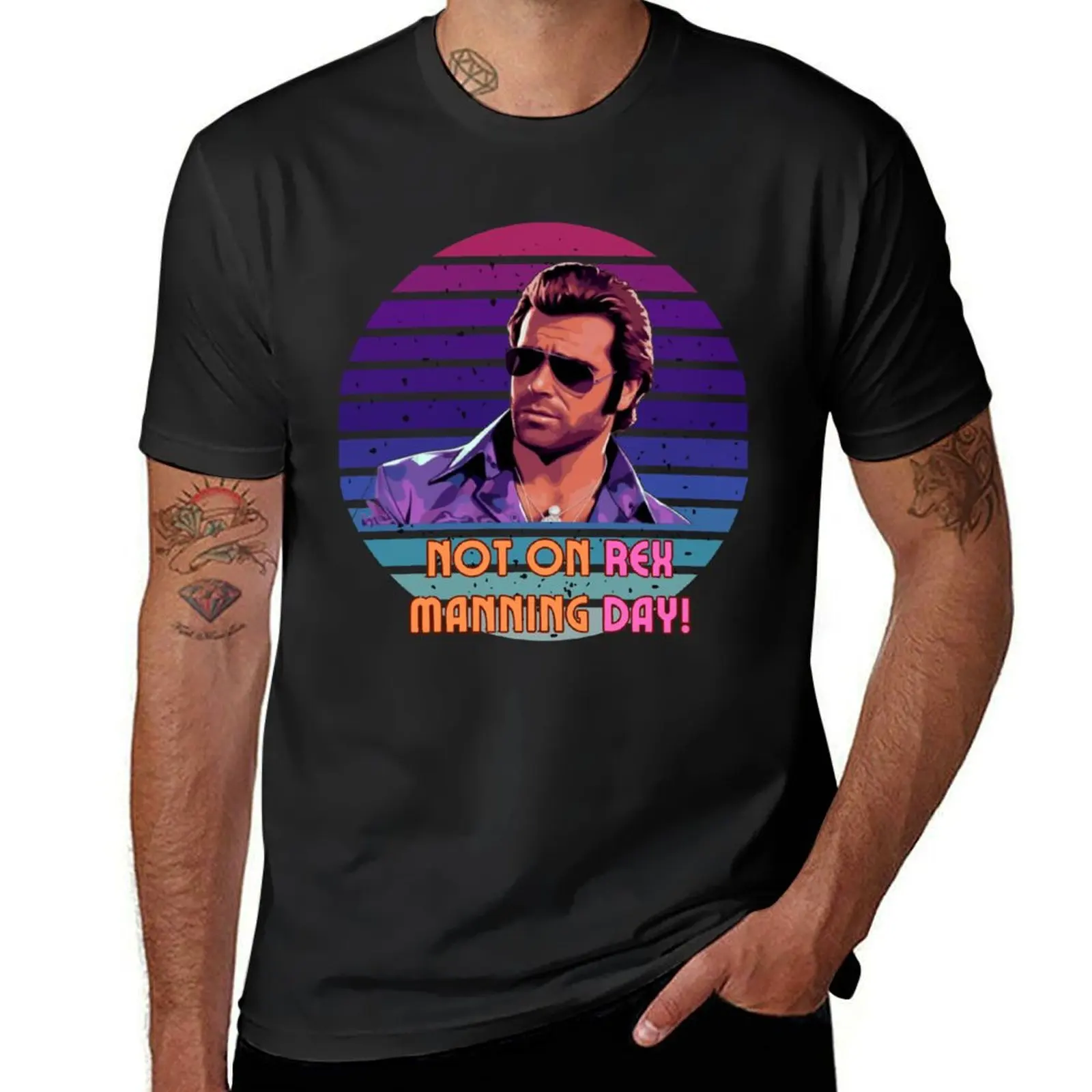 

Not On Rex Manning Day Retro Style Black Background T-Shirt anime tshirt Louboutins mens shirts graphic tee