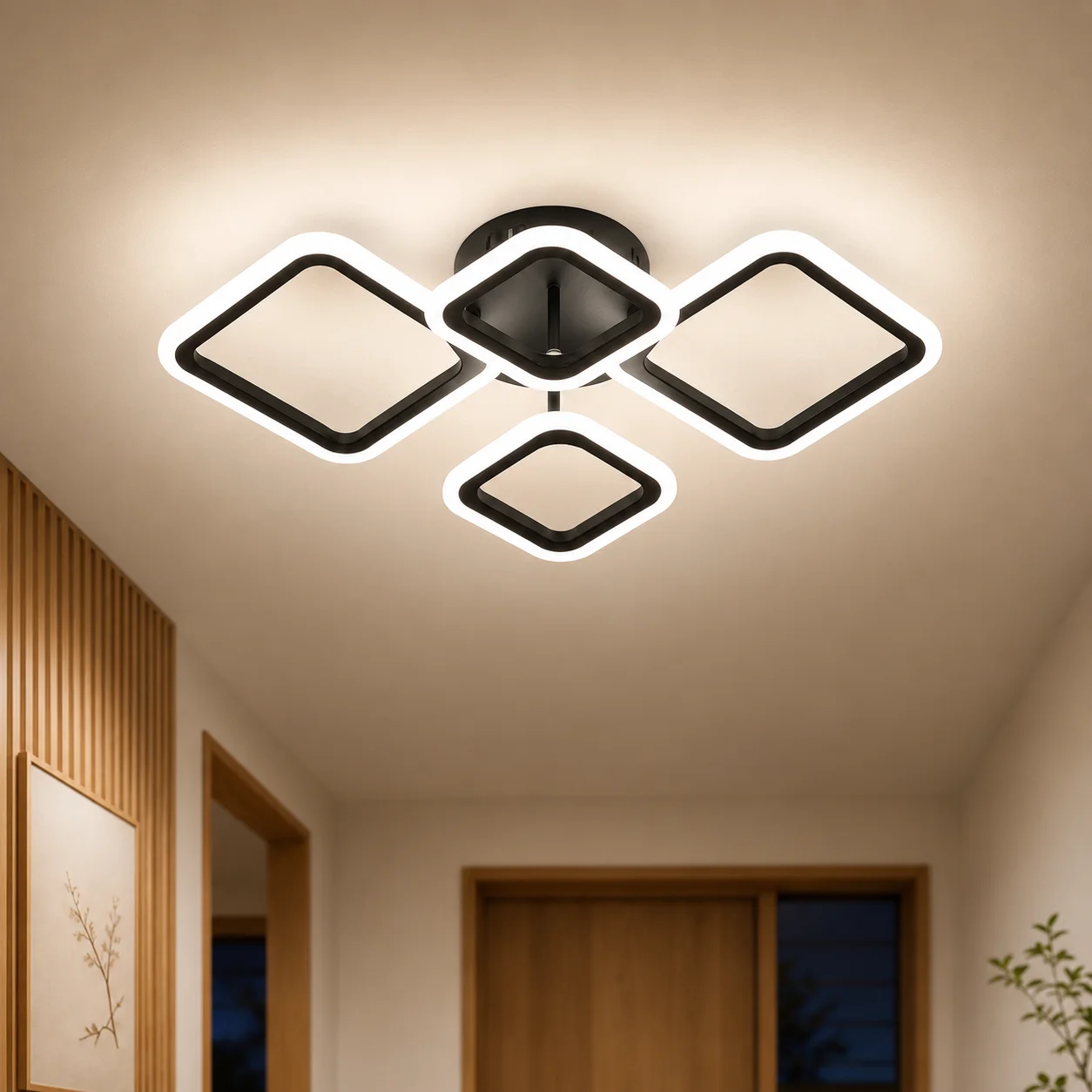 Modern 4 Square LED Ceiling Light Dimmable 3 Color Changing Flush Mount Ceiling Lamp Black Geometric Shape Ceiling Lighting Fixt