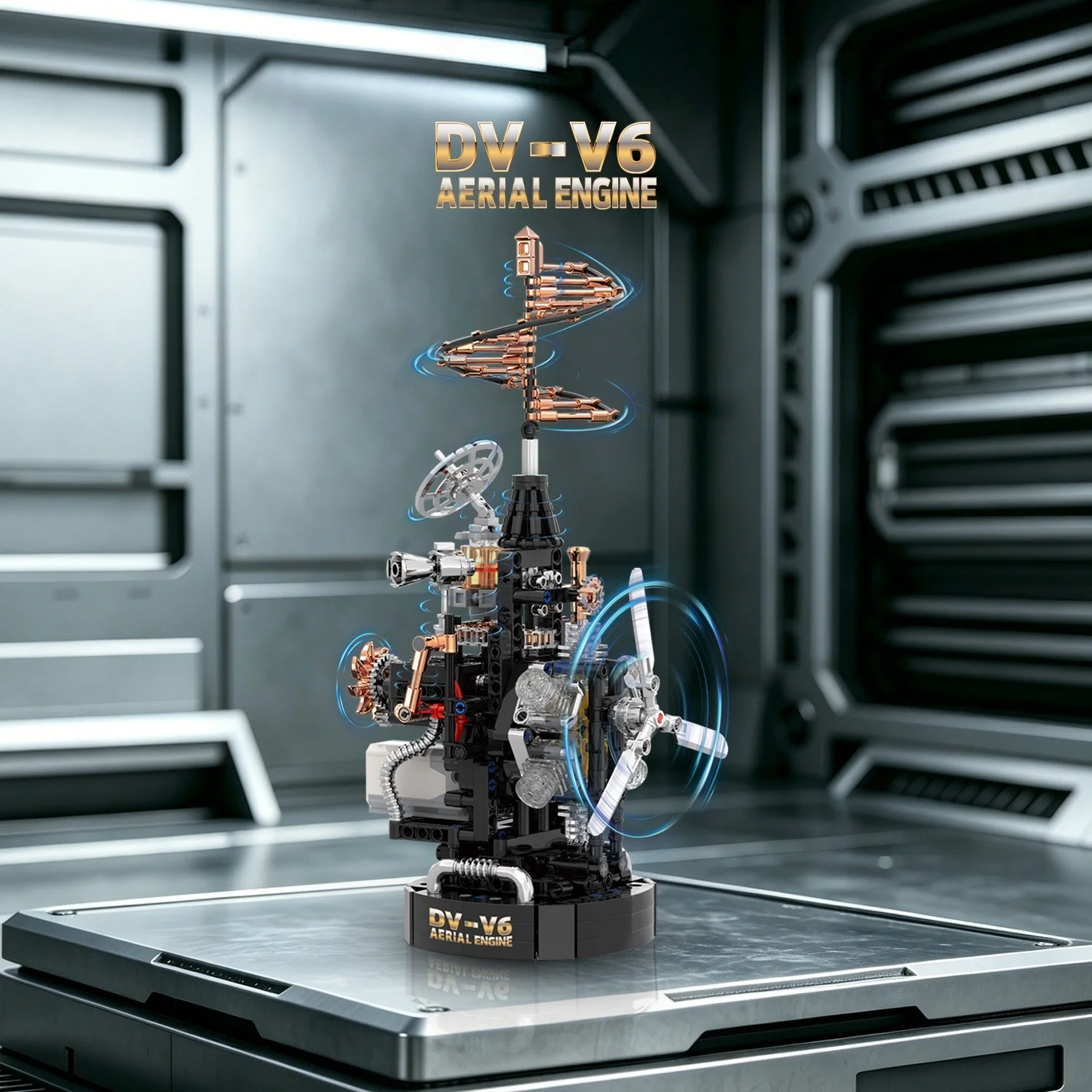 V6 Aerial Engine Motorized Mechanical MOC Building Blocks Retro Steampunk Helicopter Motor Model Assembly Bricks Toy Gifts