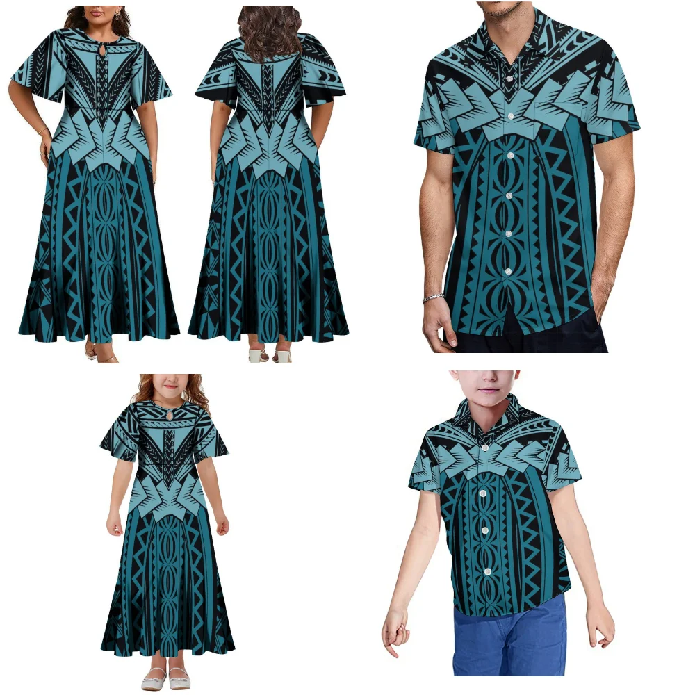 Hot 2025 Samoa House Party Set Women'S Short-Sleeved Dress Polynesia Fiji Tonga Tribal Dress And Men'S Aloha Shirt