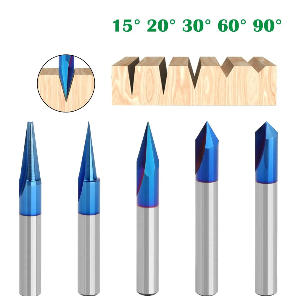 1PC Woodworking Milling Cutter Blue Nano V-shaped Knife Overall Alloy 15-90 Degrees Carving Knife Trimming Machine Head
