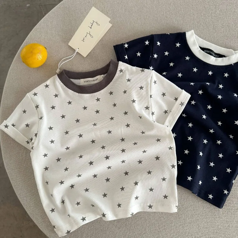 RAISE Summer Children Tees Thin Star Printed Infant Babys Boys Short Sleeves Top Round Collar Versatile 1-5Y Kids Girls T-shirts