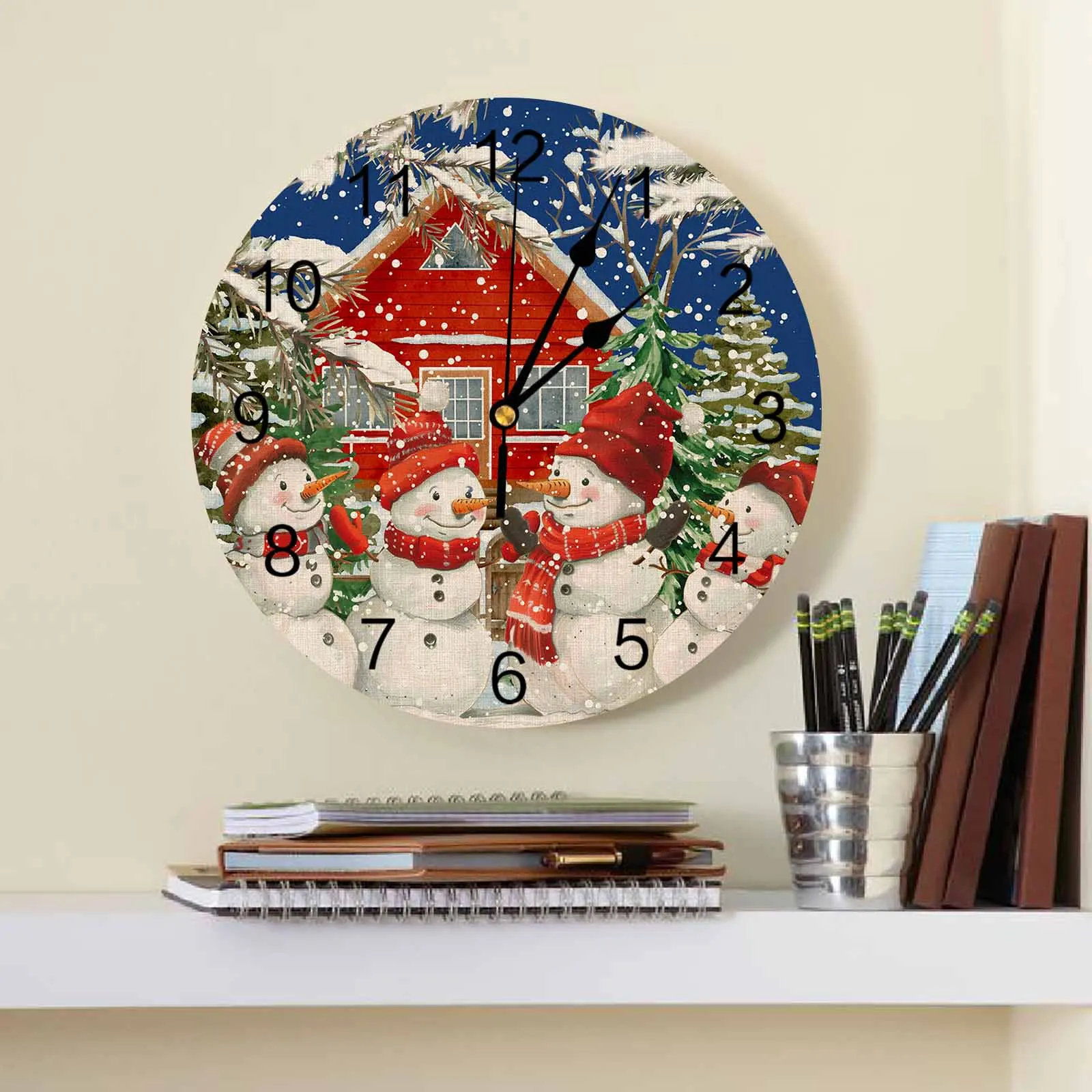 Christmas Christmas Tree Watercolor Snowman  Clock Large Modern Kitchen Dinning Round Wall Clocks Bedroom Silent Hanging Watch