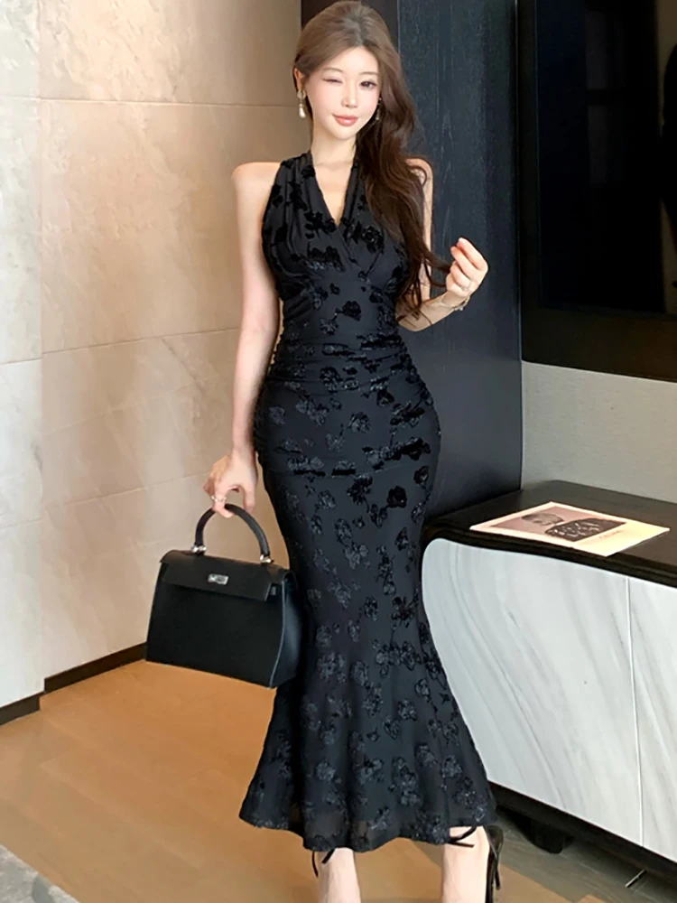 Abito da gala di lusso con volant pieghettato jacquard nero Abito da festival aderente vintage estivo da donna 2025 Abiti eleganti coreani Hepburn