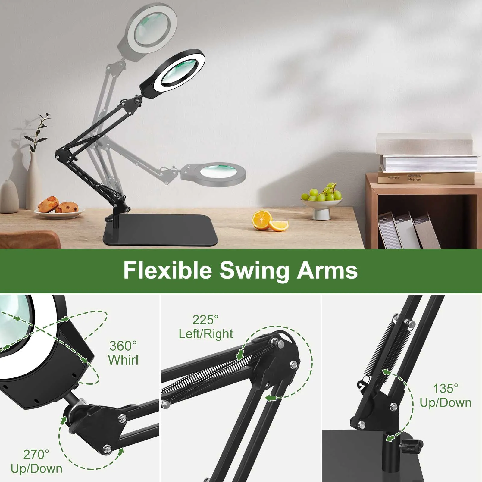 5X Magnifying Lamp with Stand&Clamp and 5 Mode Stepless Dimmable Adjustable Swing Arm LED Lighted Desk Lamp Hands Free Magnifier