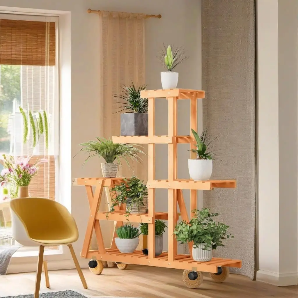 Rolling Flower Stand on Wheels - 95x25x101 cm Solid Fir Wood, Stylish Plant Display Rack