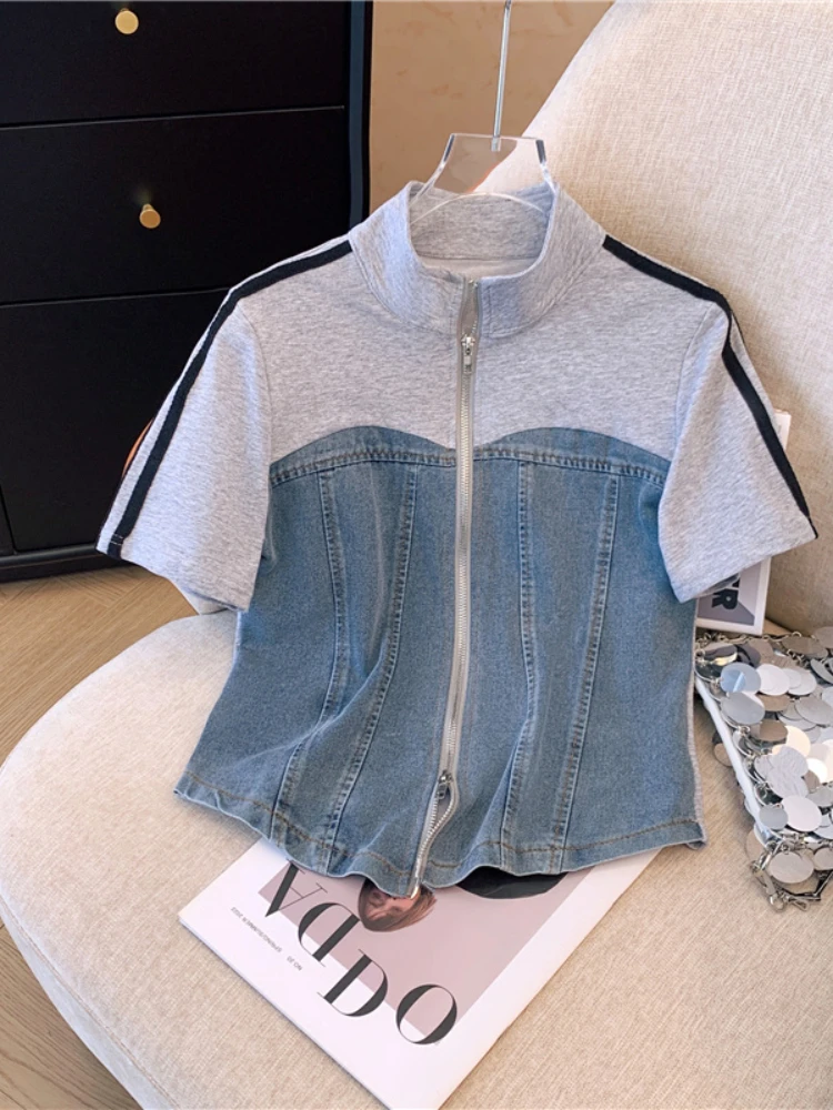 2024 Summer New Stitched Zipper T-shirt Top Female Set Elegant Women\'s Jeans Casual Blouse Two Piece Set Ladies Tracksuits