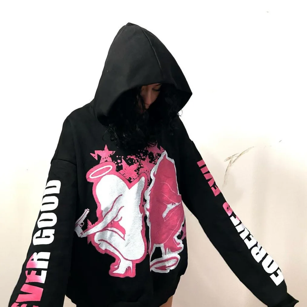 Hoodie de manga comprida com padrão Punk Print, Streetwear extragrande, pulôver Hip-Hop, moletom escuro, High Street, Top Clothing Jacket, Y2k