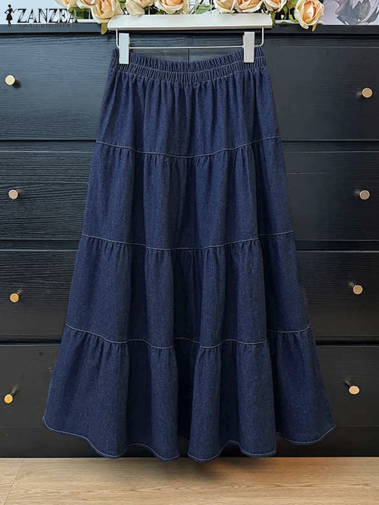 ZANZEA Vintage Women Skirts Autumn Spring Pleated Long Overskirts OL Work Solid Denim Style Skirt Ruffles Hem A-line Faldas Saia