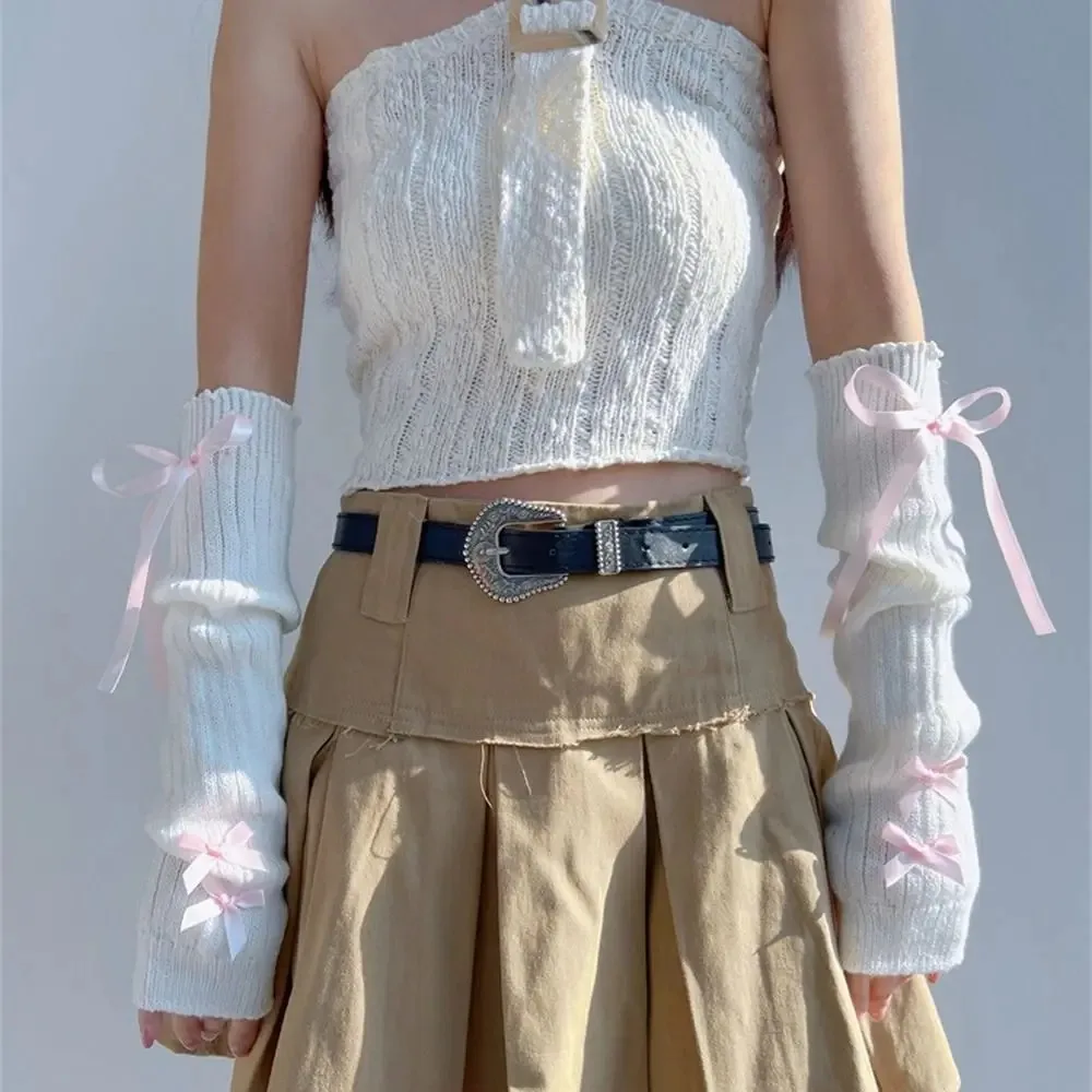 ปลอกแขนถักนิตติ้งแบบนุ่มยืดหยุ่น สไตล์ Y2K ถุงมือยาวครึ่งนิ้วแบบอุ่น สไตล์เกาหลีหวานๆ ปลอกแขนกันหนาวสไตล์โลลิต้า