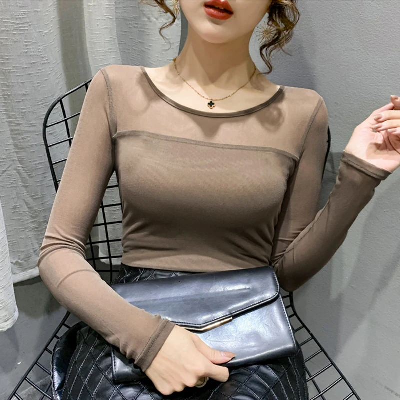 Autumn Winter Round Neck T shirt Women Sexy Mesh Bottoming Shirt Long Sleeve Solid Color Slim Fit Long Sleeve Casual Tops