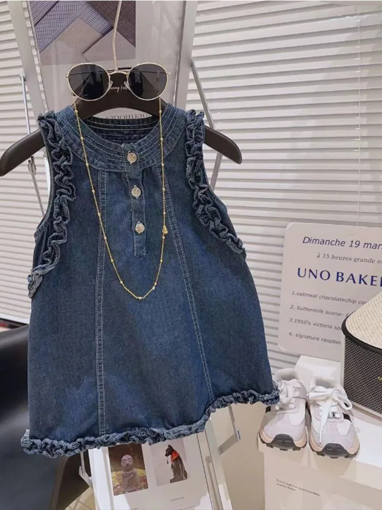 女の子の韓国風レーストリム超薄型デニムスカート春の新作プリンセススタイルおしゃれ子供服スカート