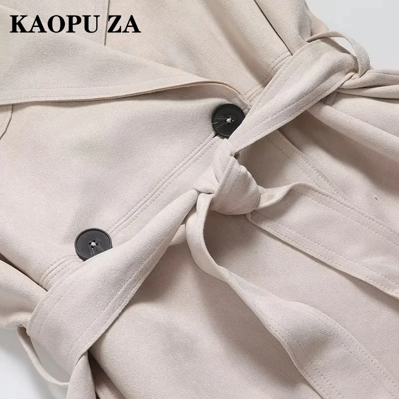 KAOPU ZA Autumn/Winter 2024 Women\'s casual trench coat with Belt Women vintage suede Texture Long sleeve lapel jacket top