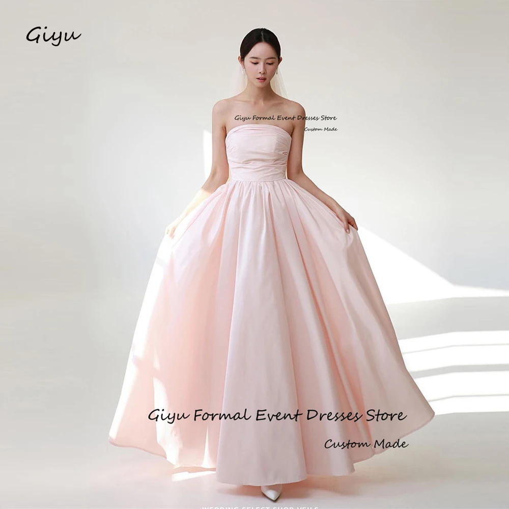 

Giyu Simple Blush Pink Taffeta Evening Dresses Korea Wedding Photoshoot Strapless Floor Length Formal Party Dress Corset Back