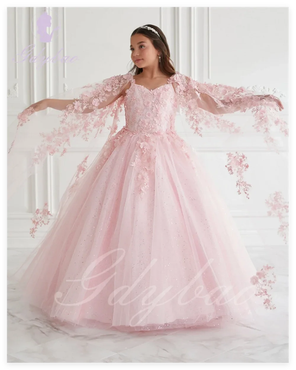 

Roze 3d Applique Bloemenmeisje Jurk Voor Bruiloft Puffy Bretels Tule Kids Verjaardag Kerst Eerste Communie Partij Baljurken