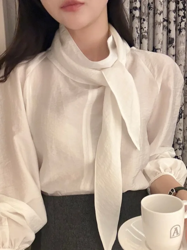 

Ele Chic Long Sve irt Women's High Collar Sa Design Loose Lantern Sve Faionable Top Korean Sle Autumn New
