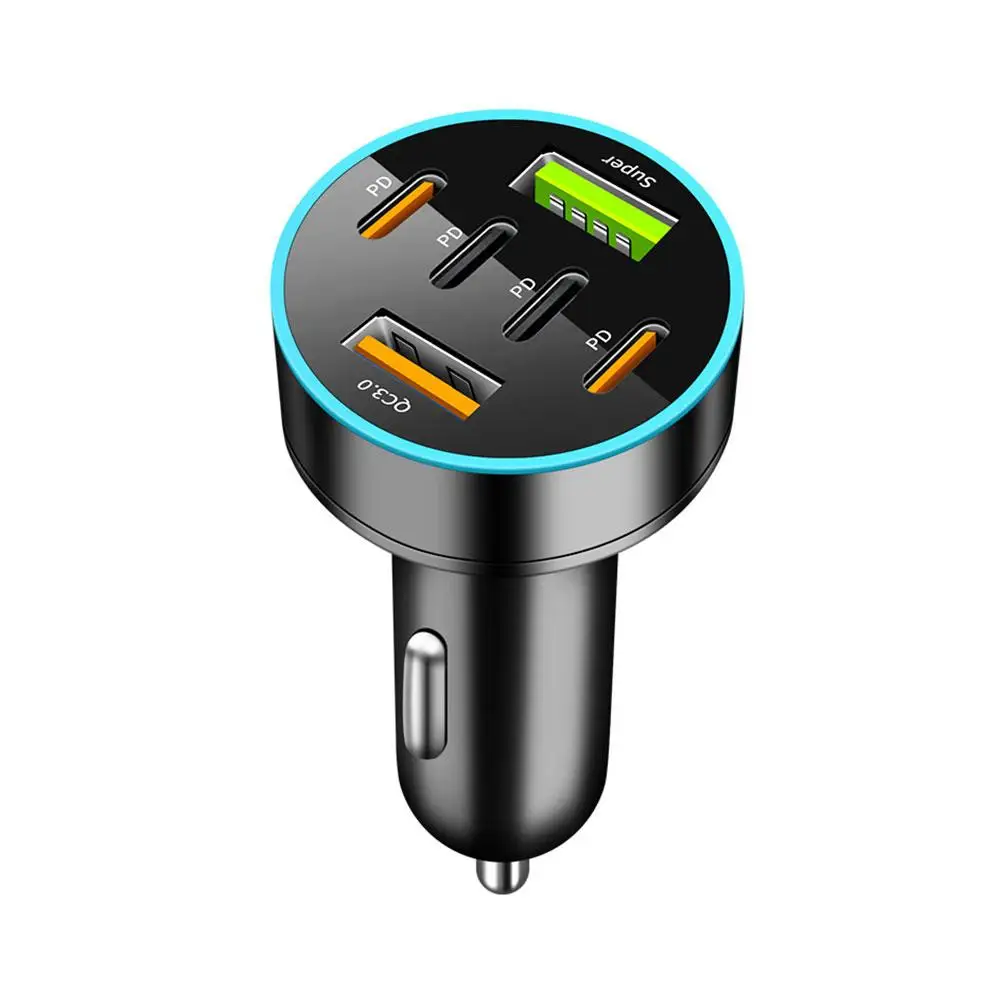 66W PD Car Charger QC3.0 Fast Charge One to Six Car Cigarette Lighter Plug 5 Port Car Charger Flash Charge with Digital Display