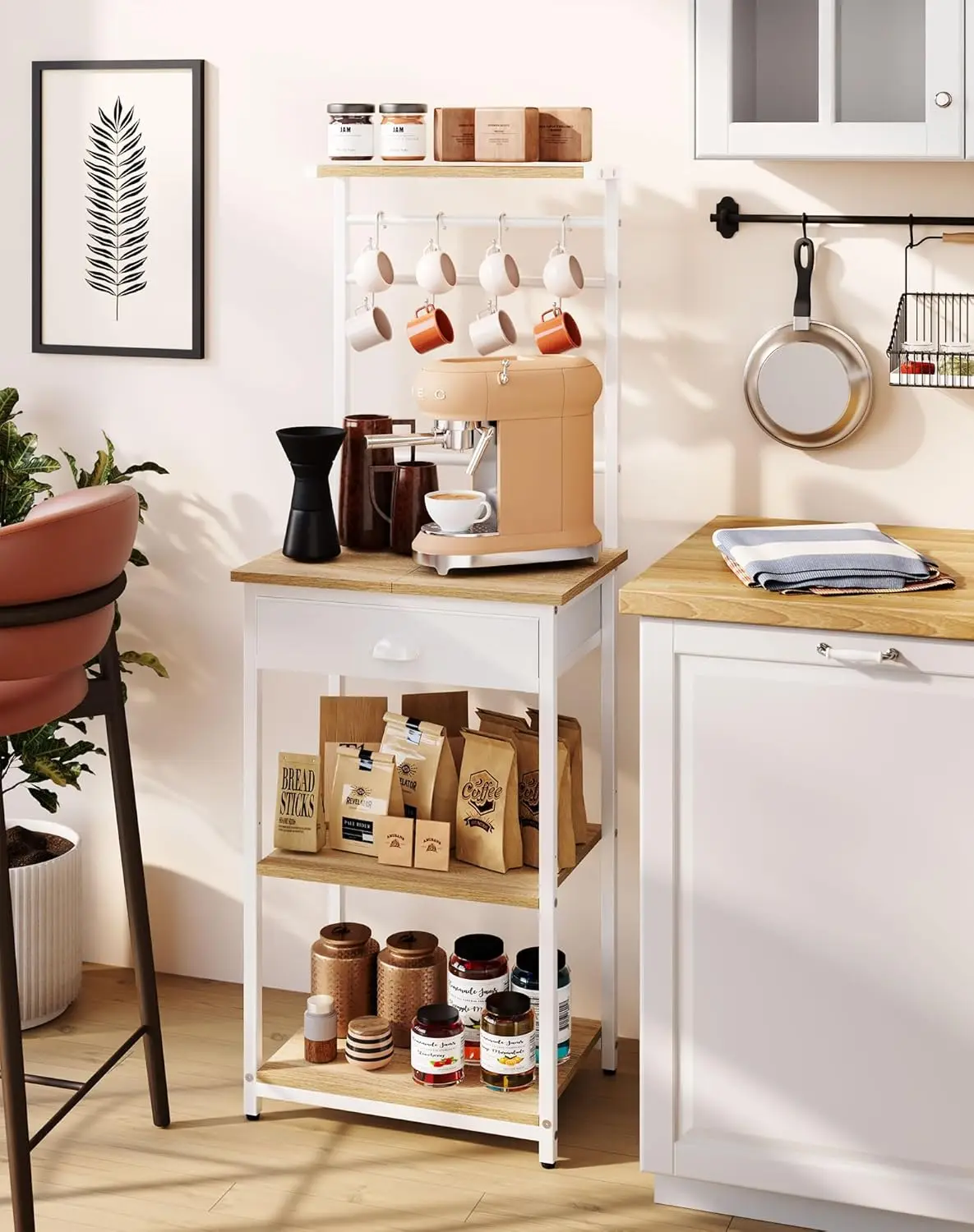 محطة بار قهوة قابلة للتعديل مكونة من 5 طبقات مع أدراج وخطافات قماشية للمطبخ أو غرفة المعيشة