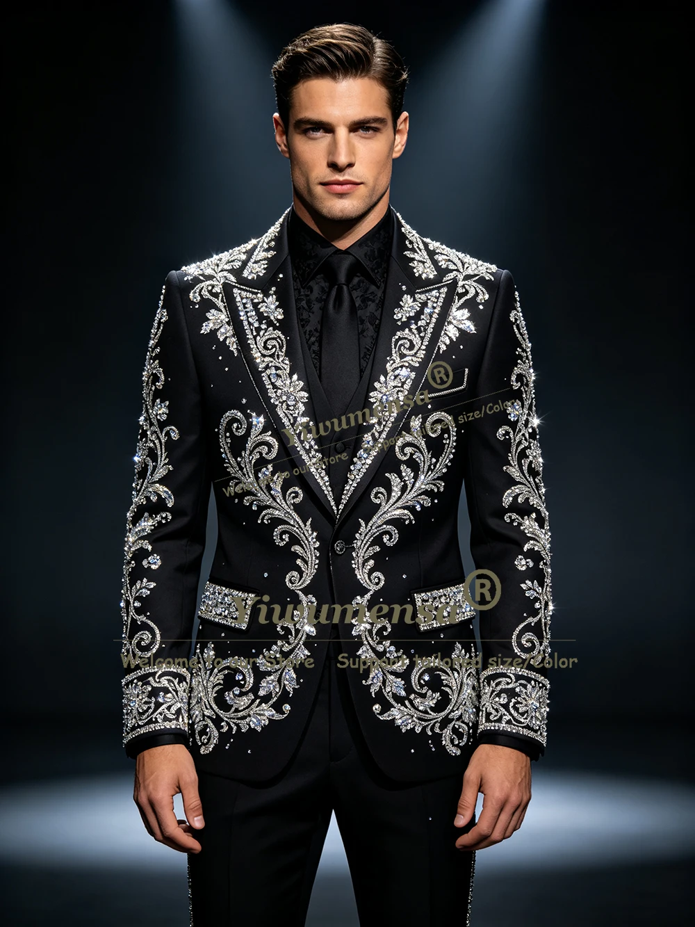 Man Exclusive Tuxedo Suit Plus Size Single Breasted Jacket Pants Stones Prom Blazer Customized Beading Crystals Terno Masculinos