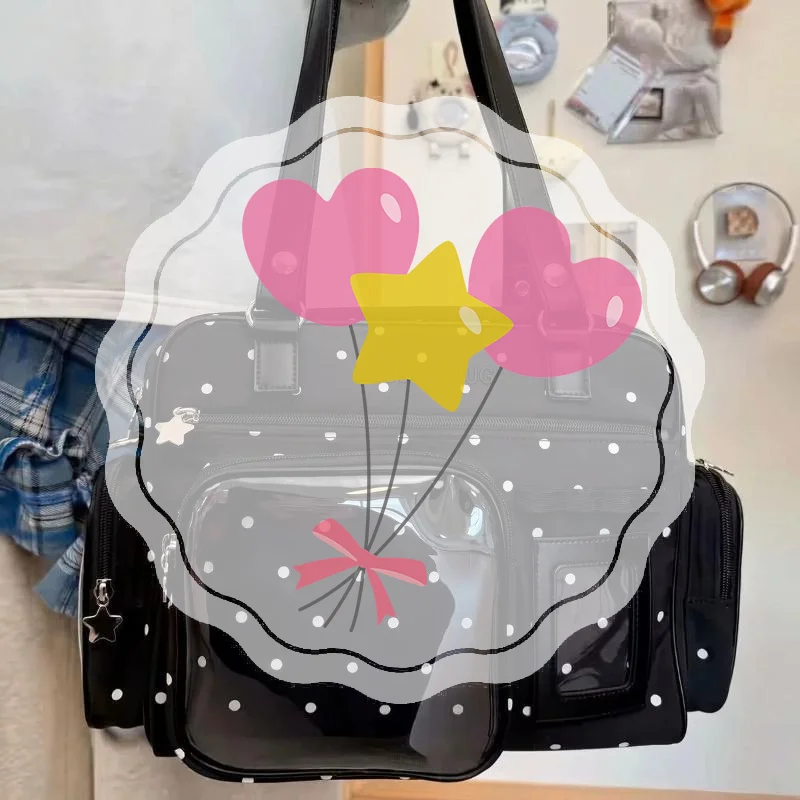 Y2K Japanese Itabag Crossbody Tote Bag Large Capacity Clear Window Star Polka Dot Print Shoulder Bag For School Daily Commute