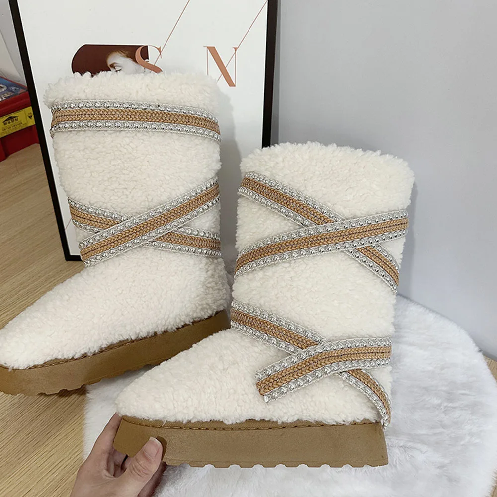 New  Snow Women Boots With Fur Platfrom  Belt Buckle Design Round Toe Mid Calf Shoes Luxury  Winter Warm Causal Boots image 3