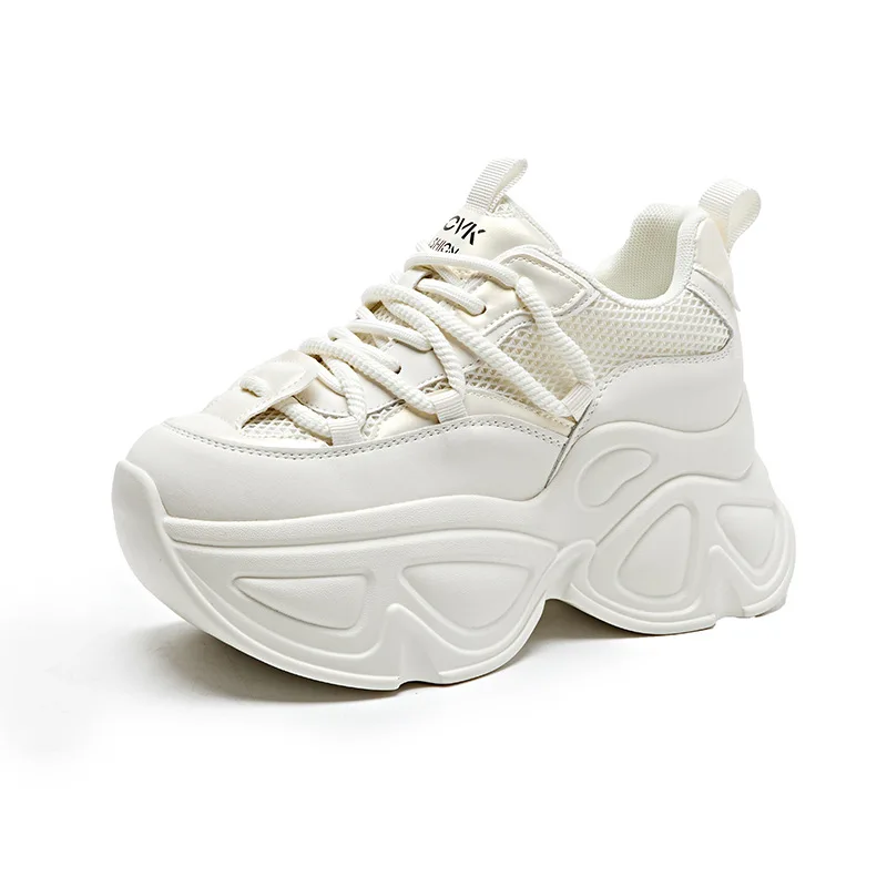 

High Platform Wedge Sneakers Women Chunky Leather Shoes 2025 Deisgn Breathable Mesh Walking Sneakers 9CM Vulcanize Sport Shoes