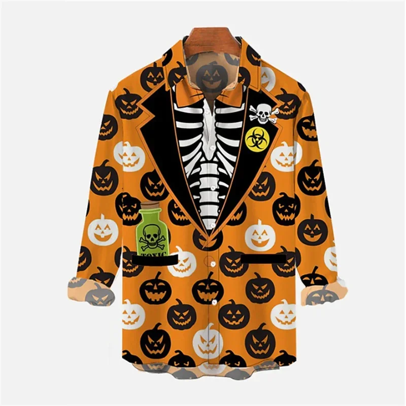 2024 New Men's Halloween Shirt Long Sleeve Slim Casual 3D Printed Pumpkin Print Buttoned Formal Shirt Men's Lapel Long Sleeve