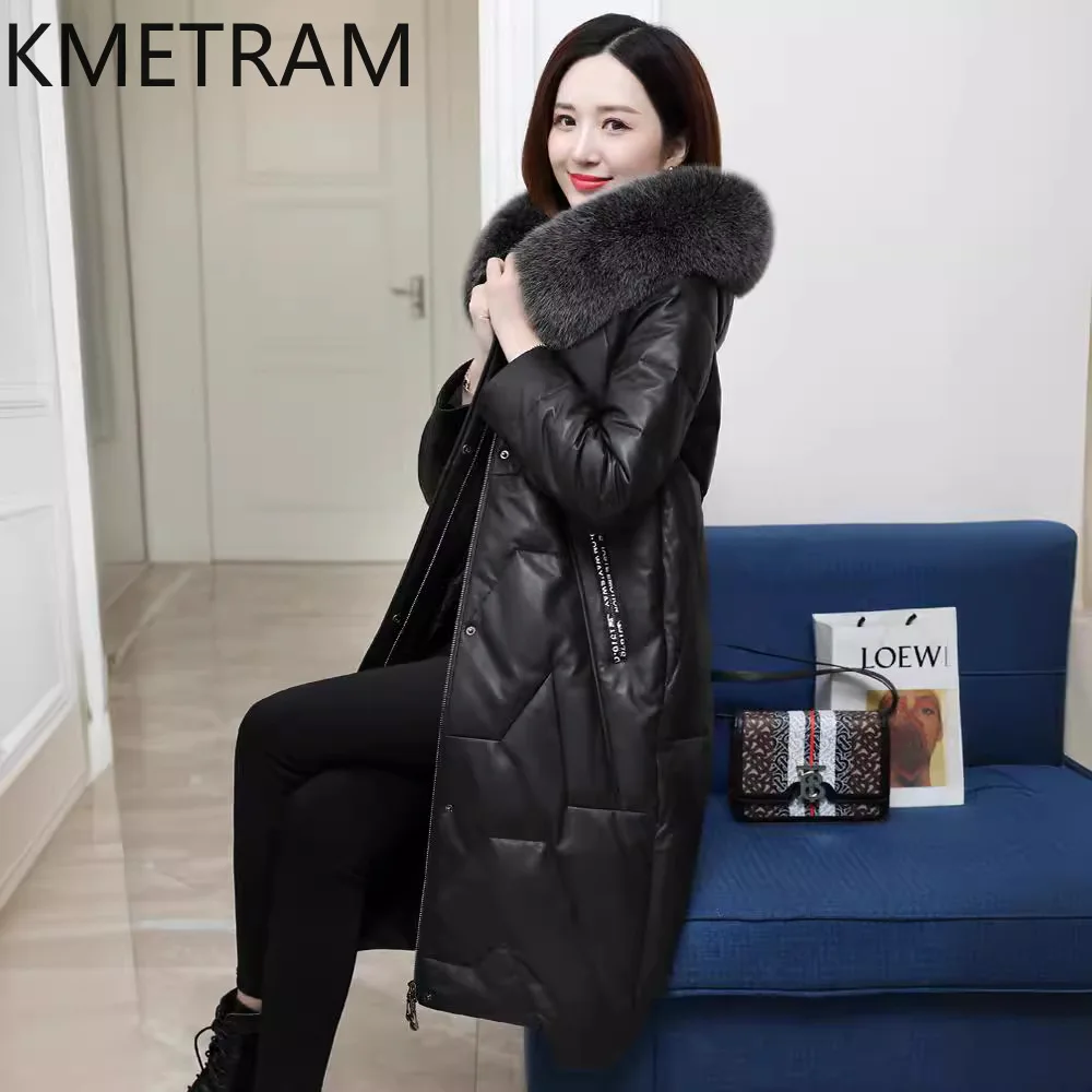 100 % Schaffell Pufferjacke Damen Hochwertiges echtes Leder Lange Daunenmäntel mit Kapuze Fuchspelzkragen Winterkleidung 2025