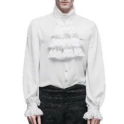Men's Vampire Victorian Renaissance Shirts And Blouses Solid Black White Gothic Ruffled Stand Collar Medieval Blouse Tops Shirt