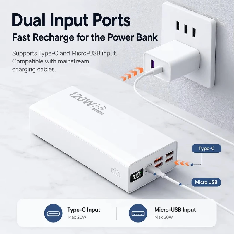 80000mAh 120W Power Bank Super Fast Charging Powerbank USB C Portable Charger External Battery For iPhone Samsung Xiaomi Android