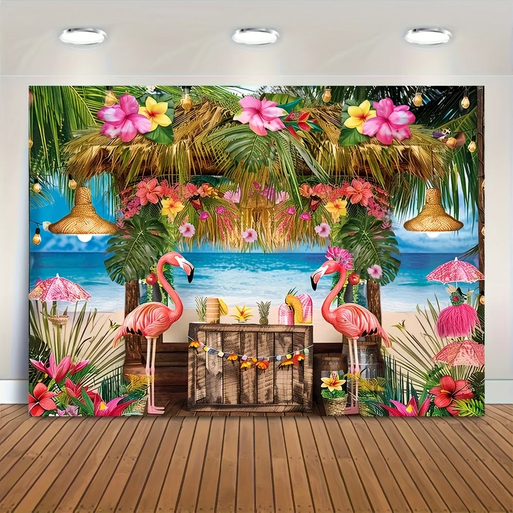 1-teiliger lebendiger hawaiianischer Strandhintergrund – Tropical Tiki Bar Lua Party-Fotohintergrund, Strand-Event-Hintergrund