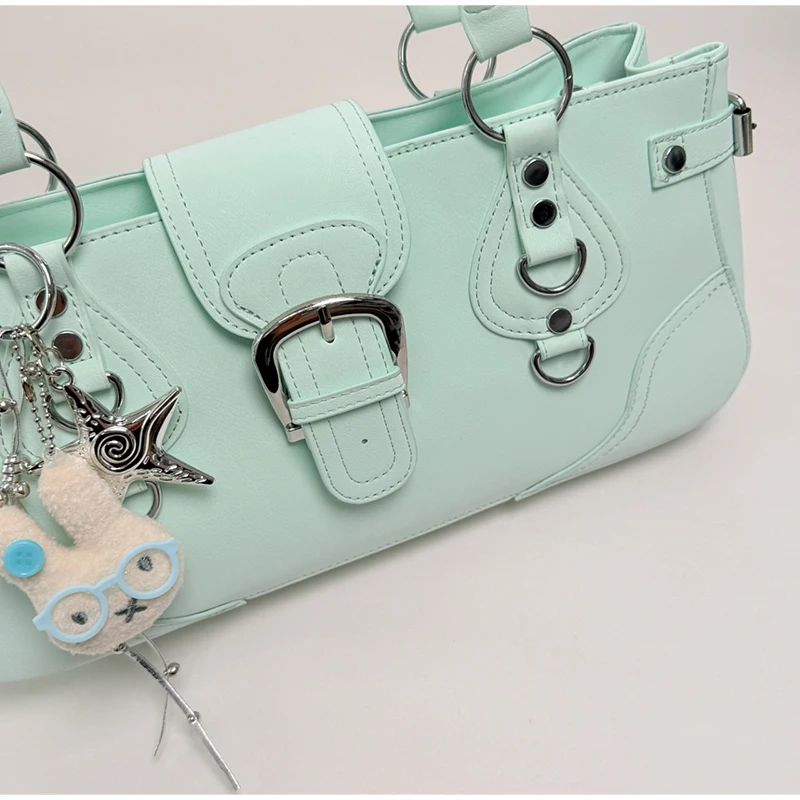 Hobo-Handtasche, Damen Motorrad-Biker-Stil Arbeitstasche, Y2k Mädchen Edgy Vintage Chic Mintgrüne Satteltasche – Detail 24