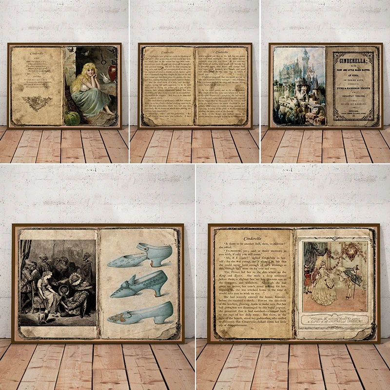 Antique Cinderella Fairy Tale Book Pages Poster Vintage Journals Prints Girl Gift Nursery Wall Art Canvas Painting For Kids Room